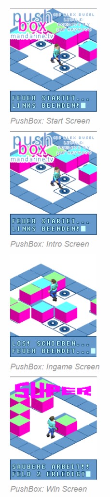 PushBox on a 2005 mobile phone: start screen, intro, gameplay, and win screen