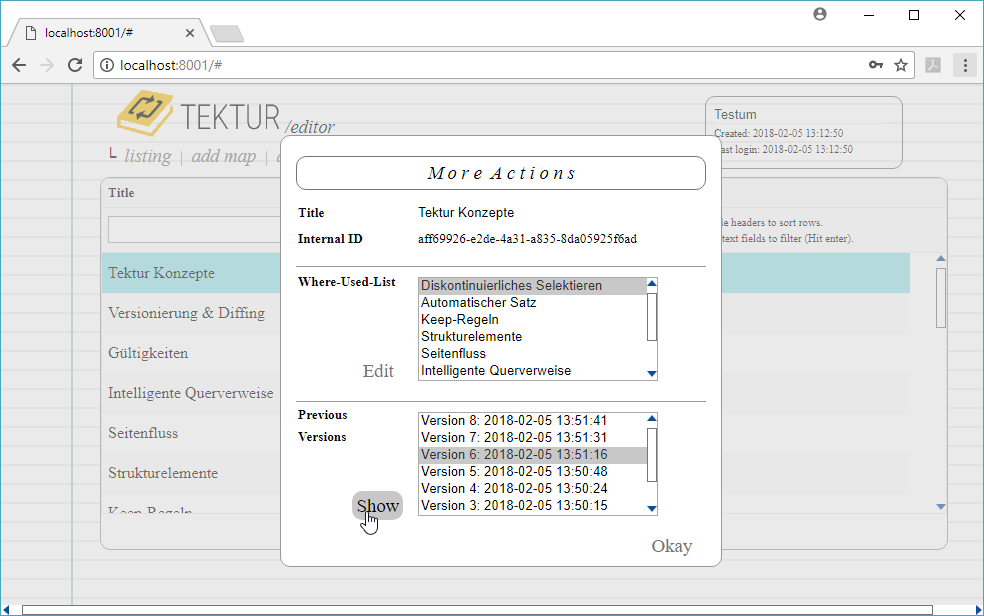 Versions Dialog